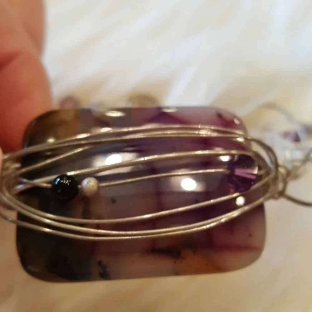 HANDMADE PURPLE WIRE WRAPPED‎ SILVER  BRACELET Large Amethyst Stone